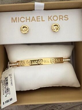 Michael Kors Gold-Tone Pavé MK Logo Bracelet and Studs Set